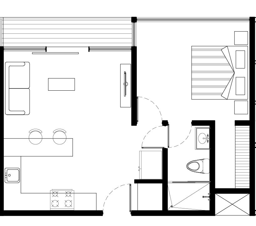 Půdorys apartmánu 1+1, 52,3 m²